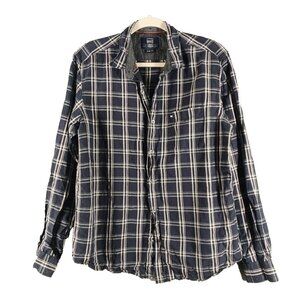 BASICS Men's Plaid Shirt (not flannel) Long Sleeve Navy Blue Size M Slim Fit